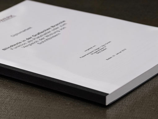 Diplomarbeit mit einer transparenten Deckfolie gebunden, wodurch die Titelseite des Inhalts sichtbar ist - Buchbinderei Papierhandwerk